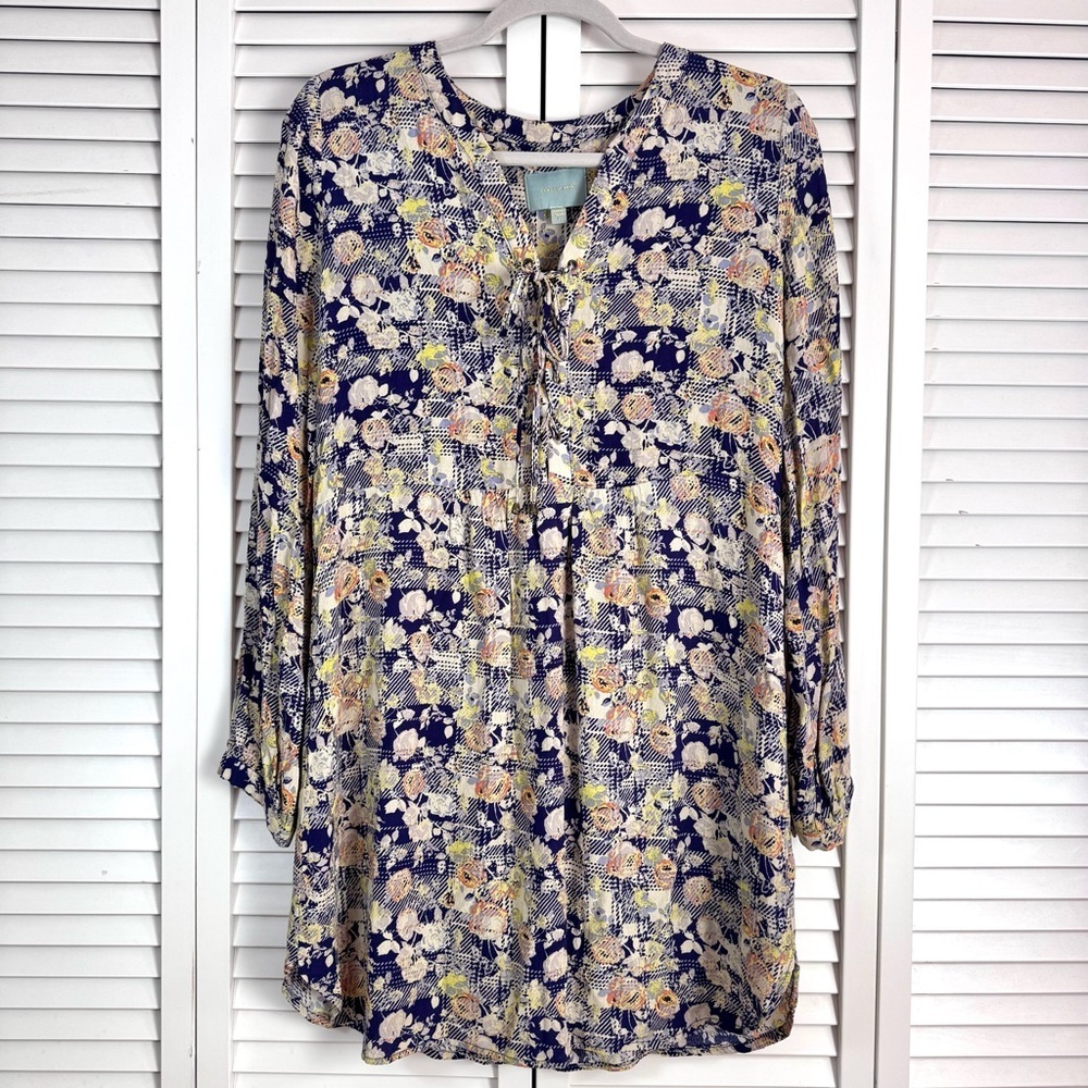 Skies Are Blue Floral Abstract Mini Dress Tunic Yellow Blue Flowy Medium